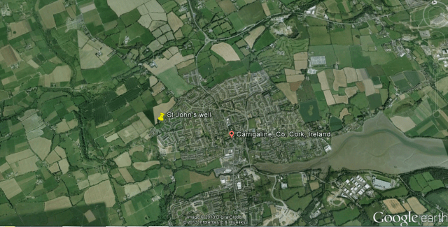 Location Map of St John's well at the edge of Carrigaline town (taken from Google Earth).