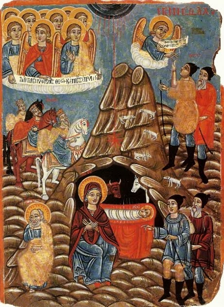 Nativity by Cypriot folk painter Parthenios  (image(1790(?)-1848(?)(image taken http://www.johnsanidopoulos.com/2012/12/two-cypriot-icons-of-nativity-of-christ.html)
